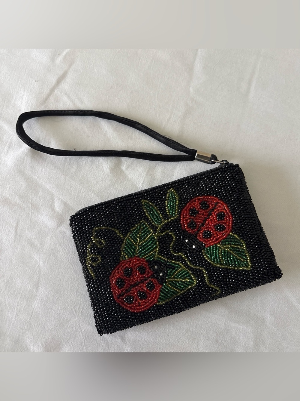 Black Beaded Wristlet with Red Beaded Ladybugs